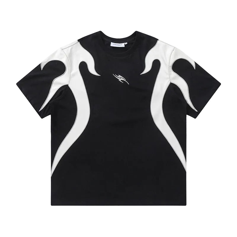 Black t-shirt with white flame designs on a white background
