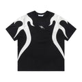 Black t-shirt with white flame designs on a white background